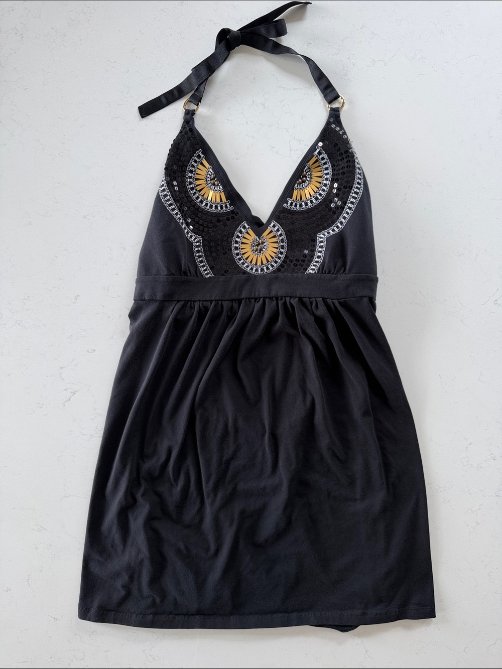 Vintage Victoria's Secret Black Halter Dress with Gold & Silver Embroidery